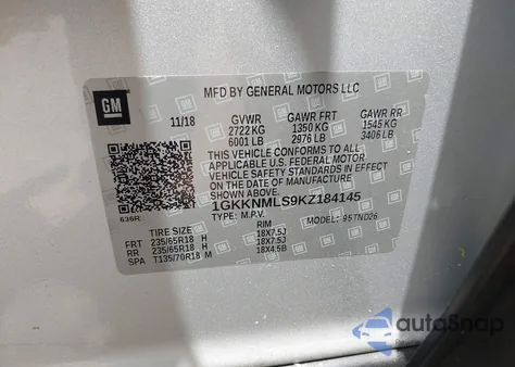 2019 GMC Acadia Slt-1 from USA, damaged, VIN 1GKKNMLS9KZ184145